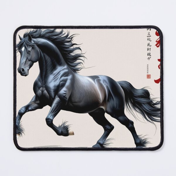 Item preview, Chinese black horse stallion in dynamic posture - Chinese ink drawing designed and sold by Kallandra.