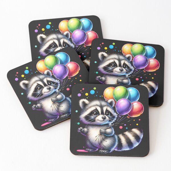 Item preview, Cute raccoon holding party balloons designed and sold by AwesomeBeyondLimits.