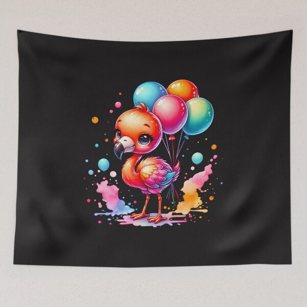 Item preview, Flamingo baby holding party balloons designed and sold by AwesomeBeyondLimits.