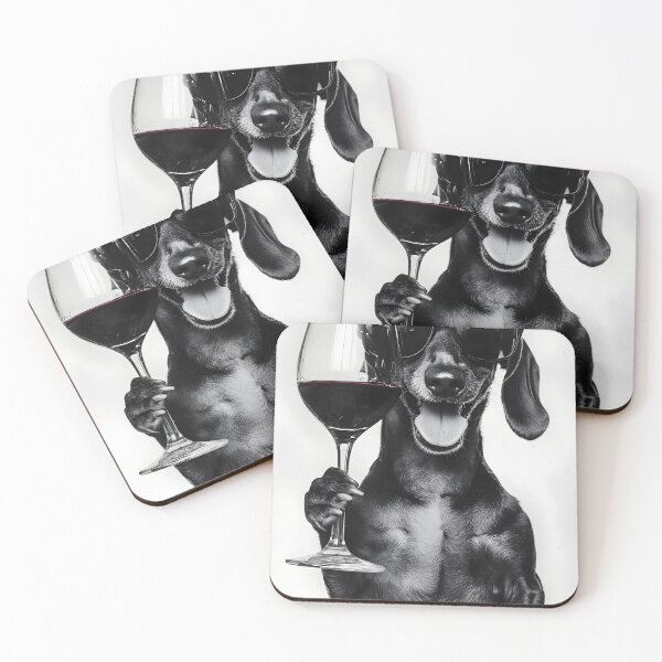 Aperçu de l'œuvre Chien teckel buvant du vin rouge et portant des lunettes de soleil créée et vendue par CheekyAnimalz.