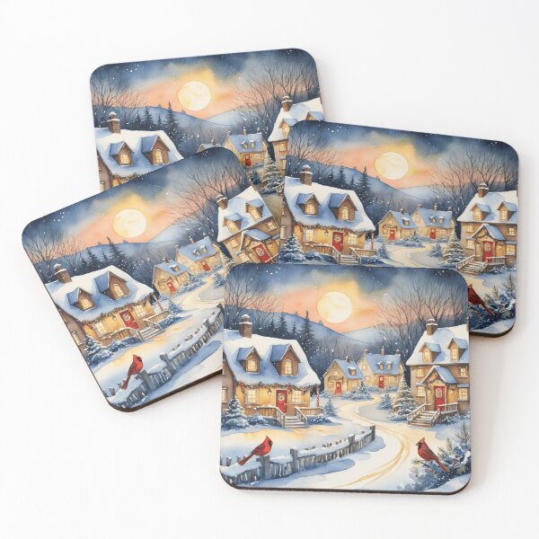 Item preview, Snowy Christmas Cottage Village with Cardinals designed and sold by WaterBirdArt.