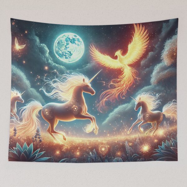 Item preview, Unicorns and Phoenix in a Moonlit Fantasy Meadow designed and sold by TeslaSt0re.