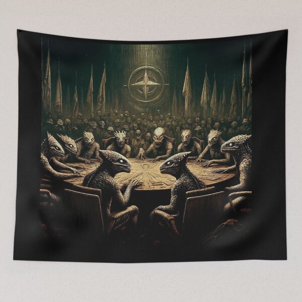 Item preview, Illustration of reptilian beings at a NATO summit designed and sold by supersanko.