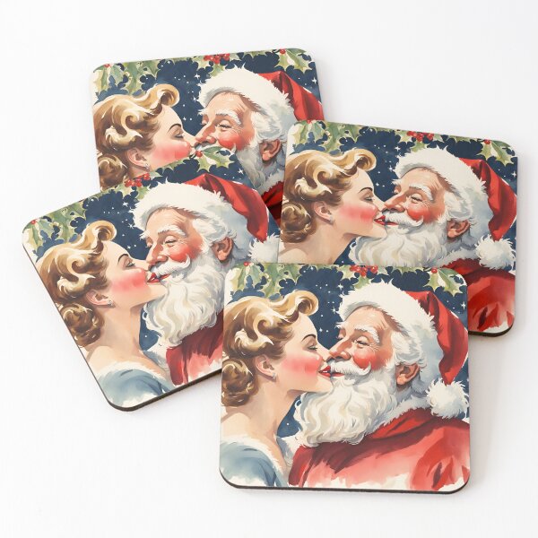 Item preview, 1950s Glamorous Beautiful Woman Playfully Kissing Santa – Fun Retro Watercolour Christmas Art designed and sold by RosieKingArt.