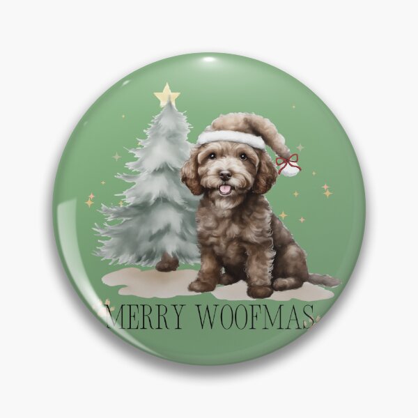 Item preview, Merry Woofmas and its a brown goldendoodle dog with a christmas hat and a bow designed and sold by cherrytheory.