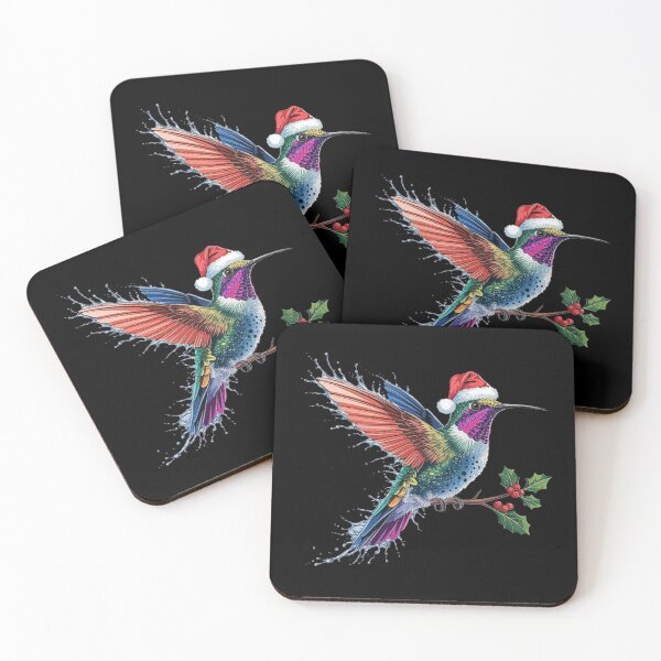 Item preview, Colorful Hummingbird Christmas Art with Holly and Santa Hat designed and sold by love3617.