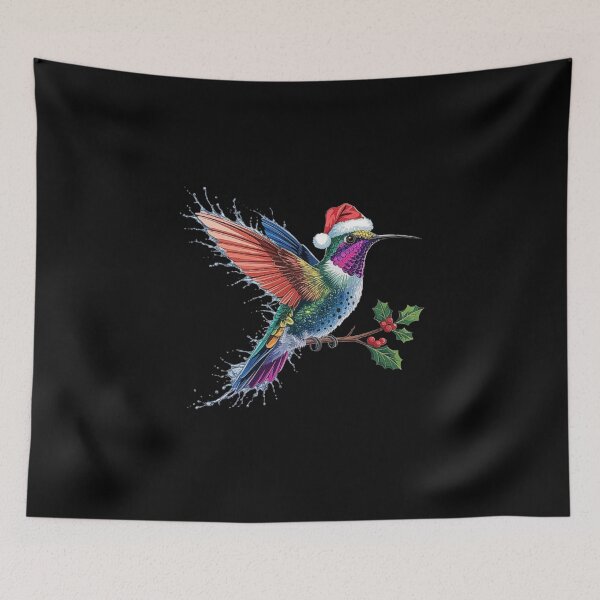 Item preview, Colorful Hummingbird Christmas Art with Holly and Santa Hat designed and sold by love3617.