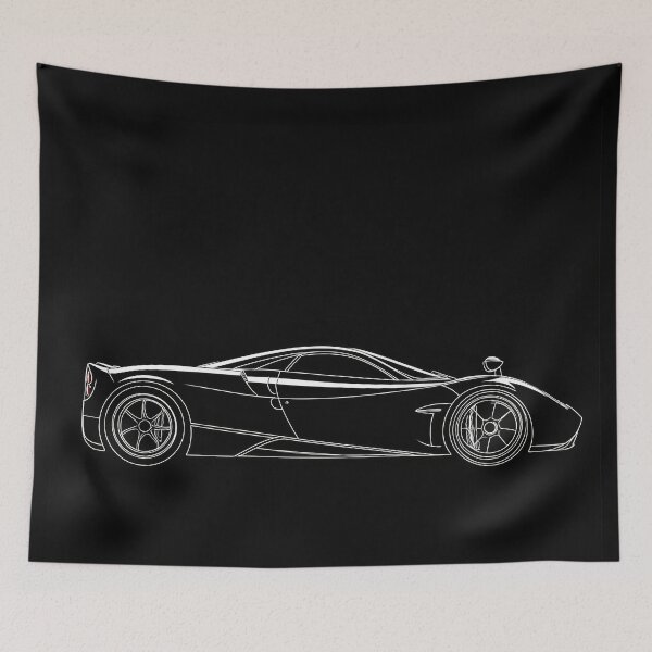 Item preview, Pagani Huayra - The silhouette of an elegant sports car displays refined design and aerodynamic features against a striking black background. designed and sold by Jerhus.