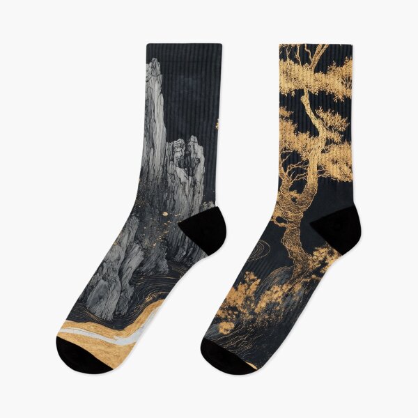 Item preview, Landscape with a golden river and trees crossing rocky terrain in a dark mood. designed and sold by Jerhus.