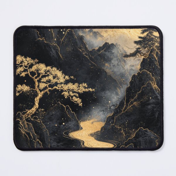 Item preview, Dramatic landscape with a winding golden river flowing through dark mountains and vibrant trees at dusk. designed and sold by Jerhus.