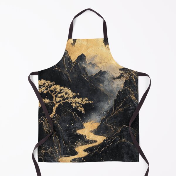 Item preview, Dramatic landscape with a winding golden river flowing through dark mountains and vibrant trees at dusk. designed and sold by Jerhus.