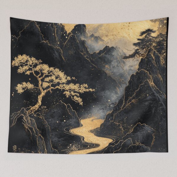 Item preview, Dramatic landscape with a winding golden river flowing through dark mountains and vibrant trees at dusk. designed and sold by Jerhus.