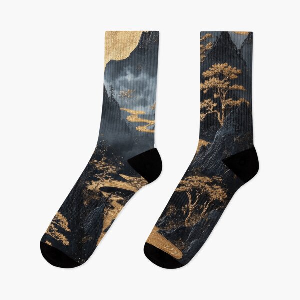 Item preview, Río dorado serpenteando a través de montañas oscuras con niebla y árboles al amanecer. designed and sold by Jerhus.