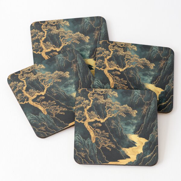 Item preview, A golden tree stands majestically beside a winding river in a serene mountain landscape at dusk. designed and sold by Jerhus.