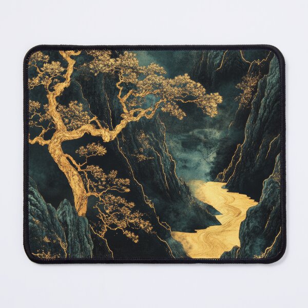 Item preview, A golden tree stands majestically beside a winding river in a serene mountain landscape at dusk. designed and sold by Jerhus.