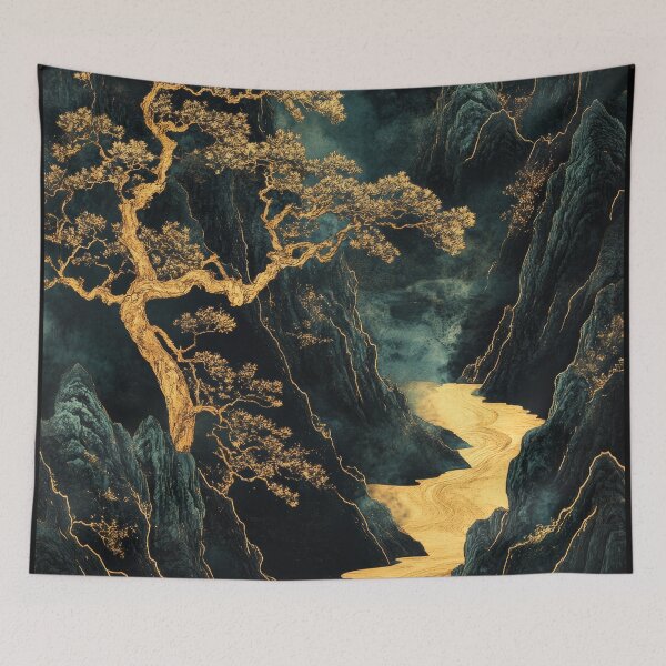 Item preview, A golden tree stands majestically beside a winding river in a serene mountain landscape at dusk. designed and sold by Jerhus.