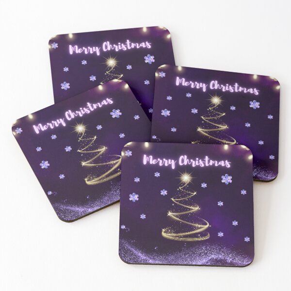 Item preview, Golden glowing Christmas Tree with purple snowflakes and purple background designed and sold by Fantacaroo Designs.