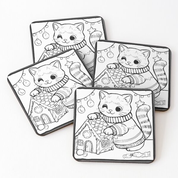 Item preview, Kitty in Sweater Making Gingerbread House Colouring In designed and sold by Grace KG.