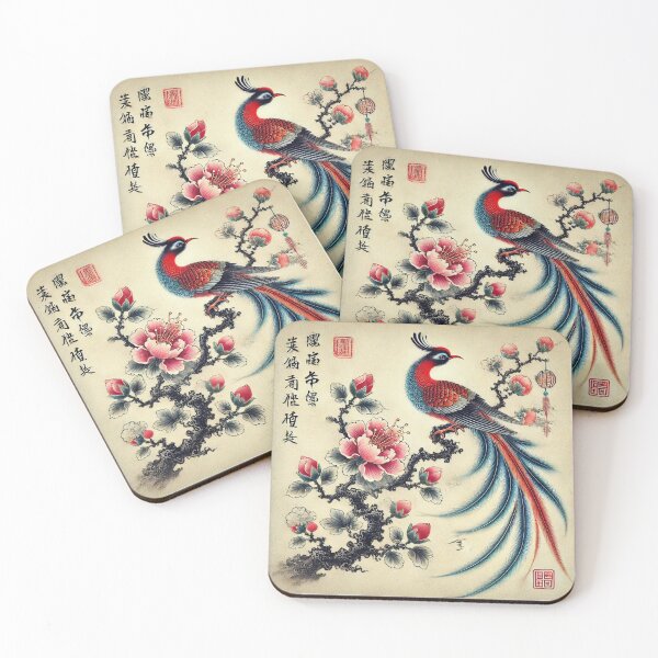 Item preview, Chinese flower branch wild rose with calligraphy and bird Chinese painting with peacock - Chinese ink drawing designed and sold by Kallandra.