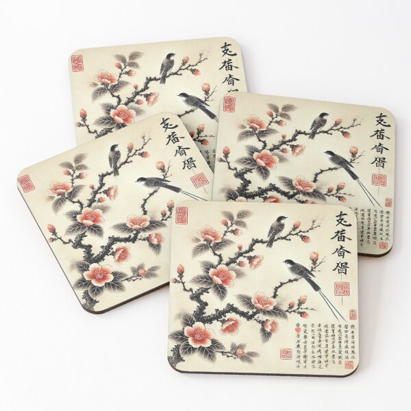Item preview, Chinese flower branch wild rose with calligraphy and small bird Chinese painting - Chinese ink drawing designed and sold by Kallandra.