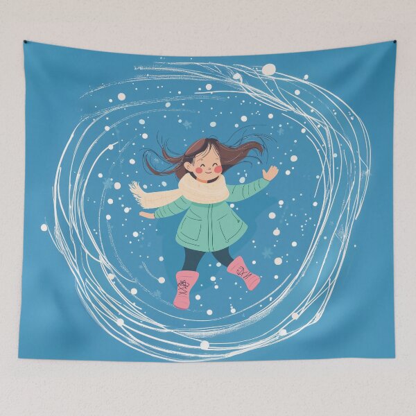 Item preview, A cute girl in winter clothes and boots is flying against the background of swirling snow.  designed and sold by HEMRO.