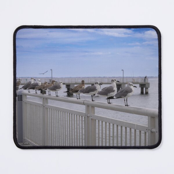 Item preview, A group of seagulls lines a metal railing by the waterfront, with a cloudy blue sky stretching over the distant horizon designed and sold by EyezWatchin.