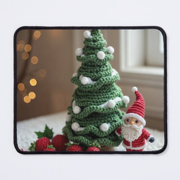 Item preview,  A knitted Christmas tree with a Santa Claus figurine and strawberries under it. designed and sold by Creative88Art.