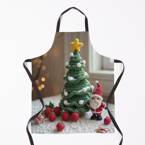 Item preview, A knitted Christmas tree with a Santa Claus figurine and strawberries under it. designed and sold by Creative88Art.