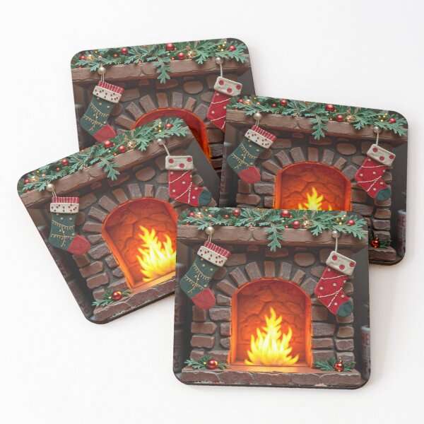 Item preview, A brick fireplace with a fire burning inside, surrounded by Christmas stockings and decorations. designed and sold by Creative88Art.