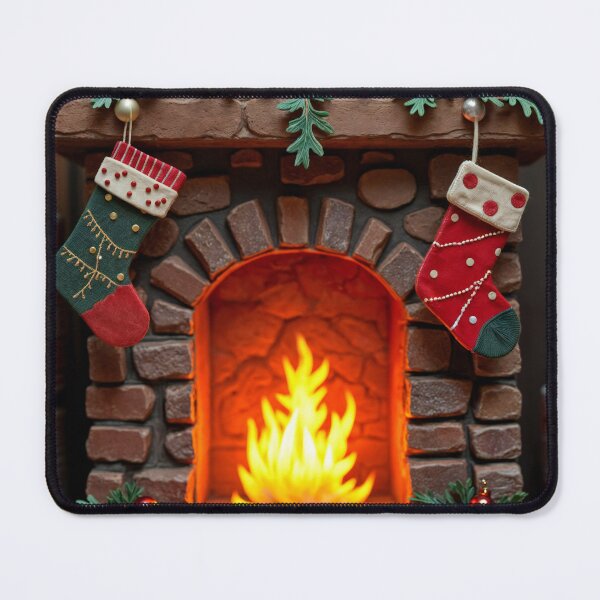 Item preview, A brick fireplace with a fire burning inside, surrounded by Christmas stockings and decorations. designed and sold by Creative88Art.