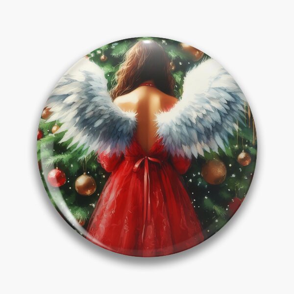 Item preview, Aquarelle angel lady from backward in beautiful red thulle dress with spreaded huge white wings in front of the Christmas tree designed and sold by EvaAngel.