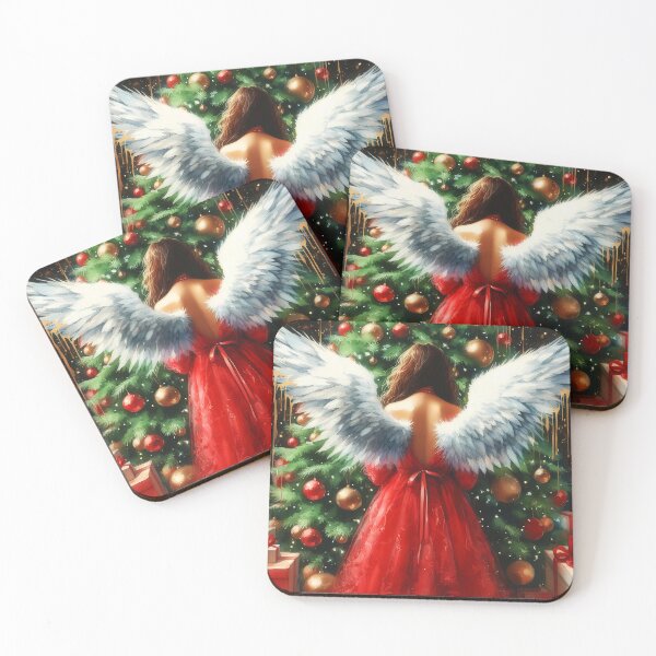 Item preview, Aquarelle angel lady from backward in beautiful red thulle dress with spreaded huge white wings in front of the Christmas tree designed and sold by EvaAngel.