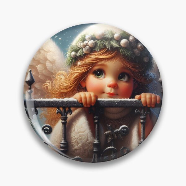 Item preview, Cute little girl angel behind a wrought iron fence winter Xmas Art designed and sold by EvaAngel.