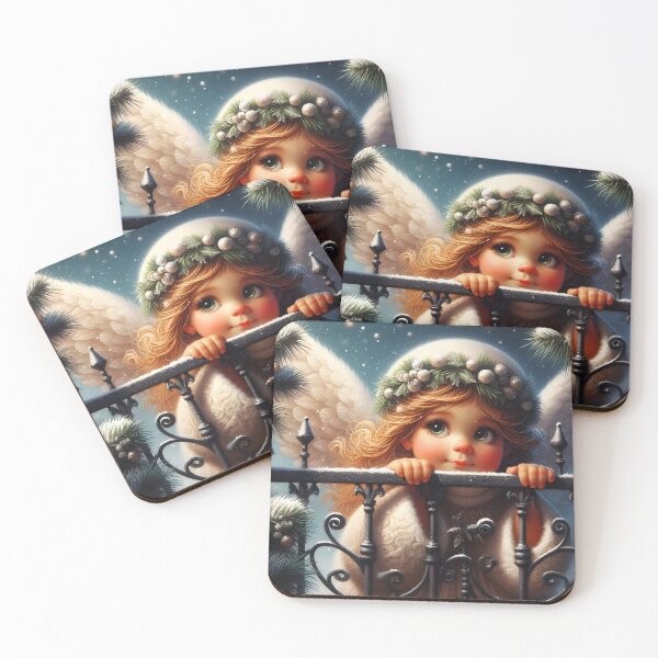 Item preview, Cute little girl angel behind a wrought iron fence winter Xmas Art designed and sold by EvaAngel.