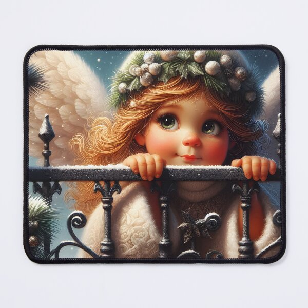 Item preview, Cute little girl angel behind a wrought iron fence winter Xmas Art designed and sold by EvaAngel.