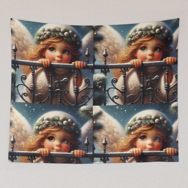Item preview, Cute little girl angel behind a wrought iron fence winter Xmas Art designed and sold by EvaAngel.