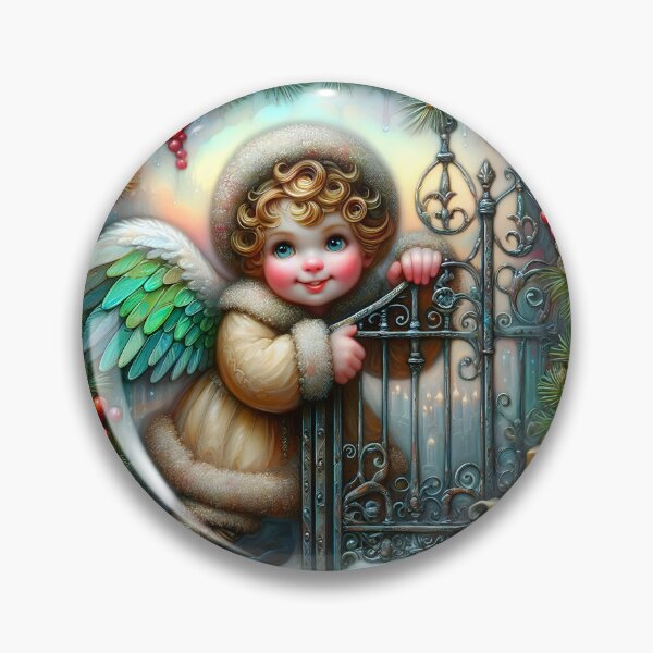 Item preview, Adorable watercolor green wing little angel at the wrought iron gate christmas art designed and sold by EvaAngel.