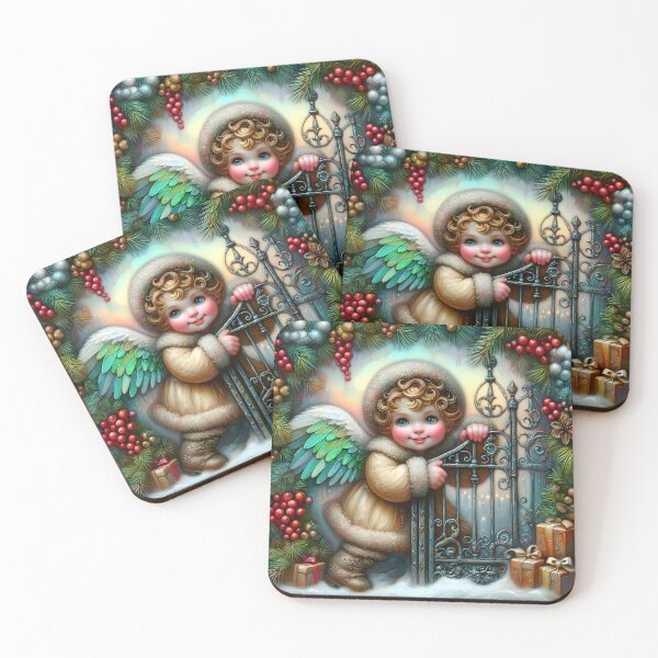 Item preview, Adorable watercolor green wing little angel at the wrought iron gate christmas art designed and sold by EvaAngel.