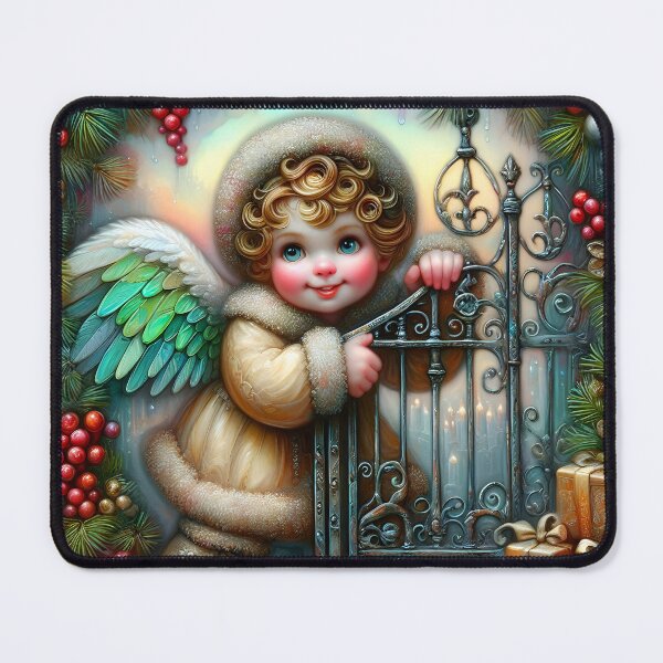 Item preview, Adorable watercolor green wing little angel at the wrought iron gate christmas art designed and sold by EvaAngel.