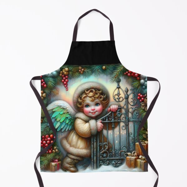 Item preview, Adorable watercolor green wing little angel at the wrought iron gate christmas art designed and sold by EvaAngel.