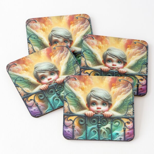 Item preview, Cute little boy mint angel at the gate of heaven with colorful pastel clouds behind aquarelle watercolor designed and sold by EvaAngel.
