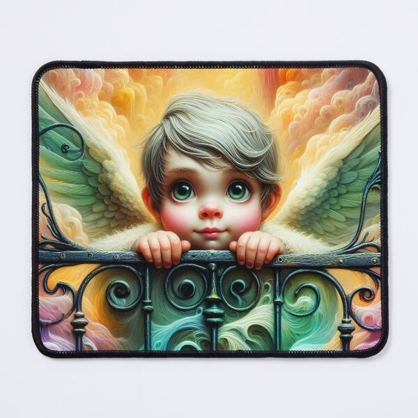 Item preview, Cute little boy mint angel at the gate of heaven with colorful pastel clouds behind aquarelle watercolor designed and sold by EvaAngel.