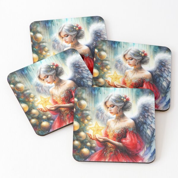 Item preview, aquarell angel girl holding a sparkling gold star ornament next to a xmas tree and wearing a red thulle dress designed and sold by EvaAngel.