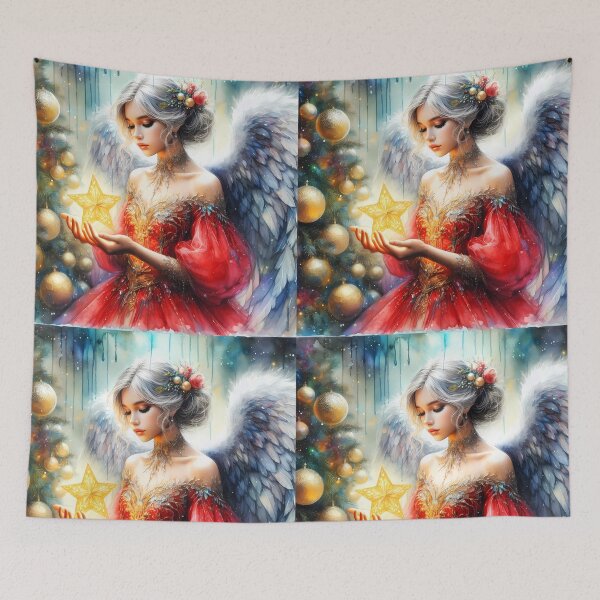 Item preview, aquarell angel girl holding a sparkling gold star ornament next to a xmas tree and wearing a red thulle dress designed and sold by EvaAngel.
