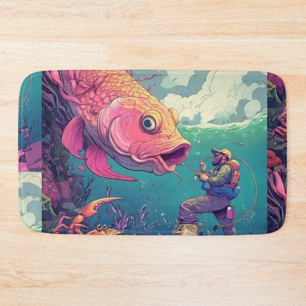 Item preview, Whimsical Cartoon Fisherman Reeling in a Giant Fish Underwater designed and sold by Desireehaz.