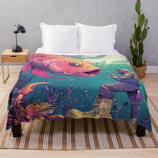 Item preview, Whimsical Cartoon Fisherman Reeling in a Giant Fish Underwater designed and sold by Desireehaz.
