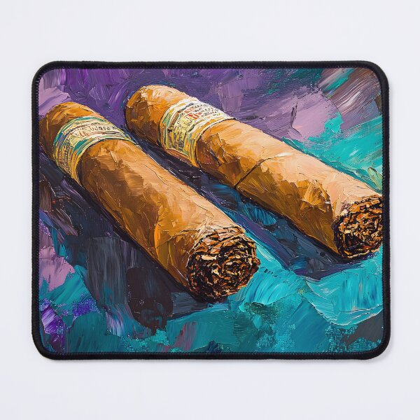Item preview, Side by Side - Two Cigars Against a Vibrant Swirling Blue and Purple Backdrop designed and sold by OlfactoART Studio.
