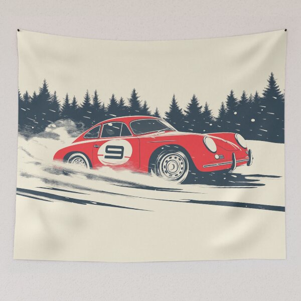 Item preview, Vintage red Porsche 356 Rally Car Dashing Through The Snow designed and sold by blackdogshop.