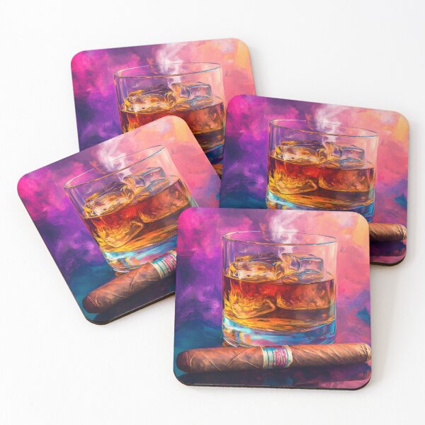 Artikelvorschau, Harmonie von Whisky und Zigarre – Kräftige abstrakte Wärme vor einem dynamischen, wirbelnden Hintergrund aus Blau-, Rosa- und Orangetönen – Digitale KI-Kunst entworfen und verkauft von OlfactoART Studio.