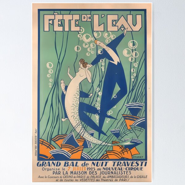 Item preview, Rare Art Deco Mermaid Poster by Paul Furiet, Vintage Art Deco designed and sold by heydayposters.